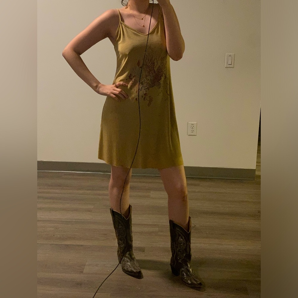 Zara Nude/Gold Mini Dress Eagle Appliqué, Stretchy Slip on Knit